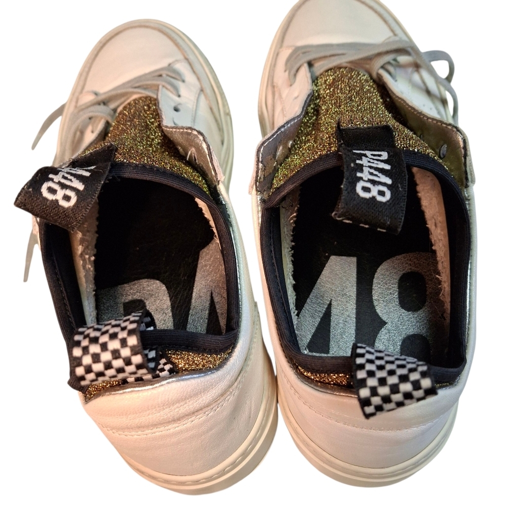 P448 You Can Surf Later White Leather Gold Glitter Tongue Sneakers Women Size 9 - Picture 10 of 16
